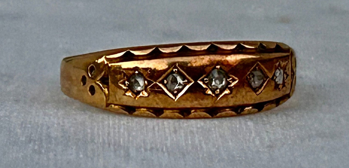 Antique 15ct Gold five stone Old Mine Cut Diamond Ring each in engraved settings, Birmingham 1889, Size O