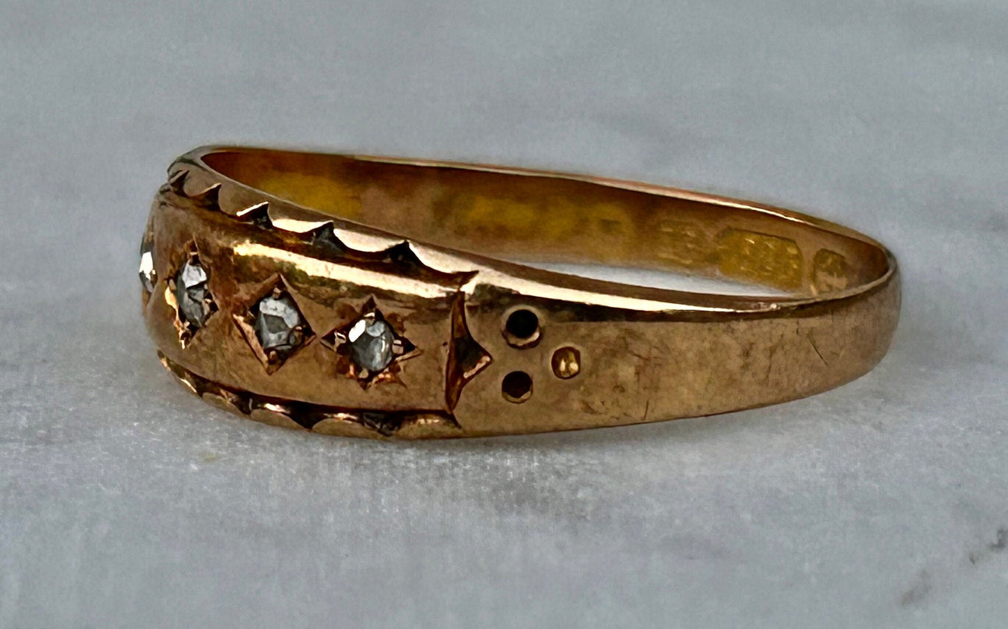 Antique 15ct Gold five stone Old Mine Cut Diamond Ring each in engraved settings, Birmingham 1889, Size O