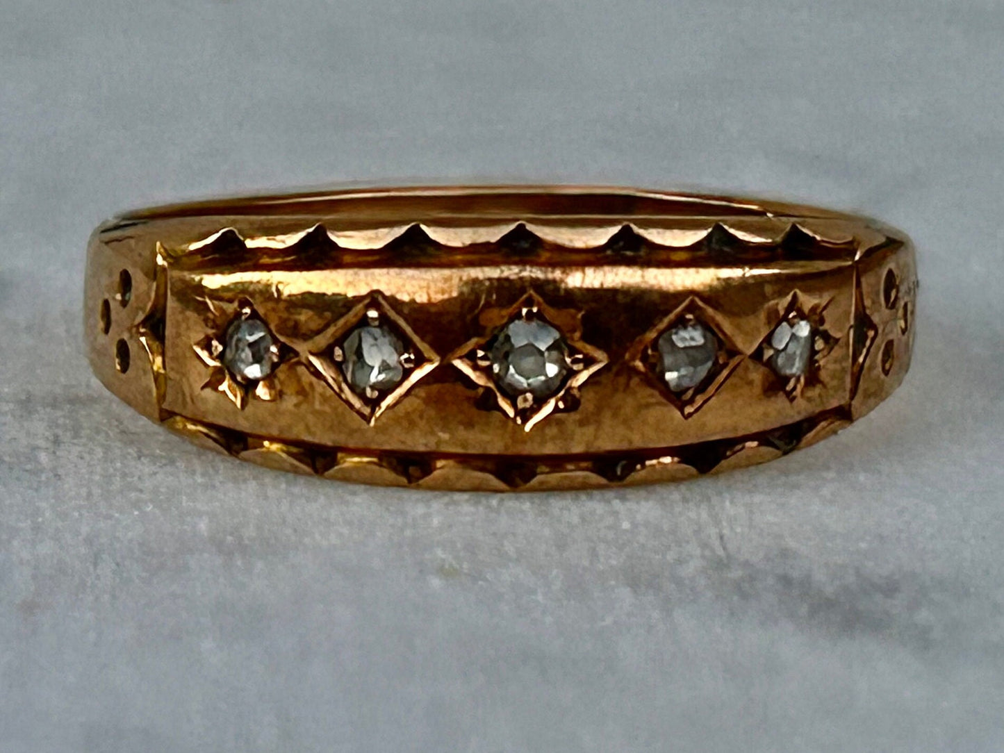 Antique 15ct Gold five stone Old Mine Cut Diamond Ring each in engraved settings, Birmingham 1889, Size O
