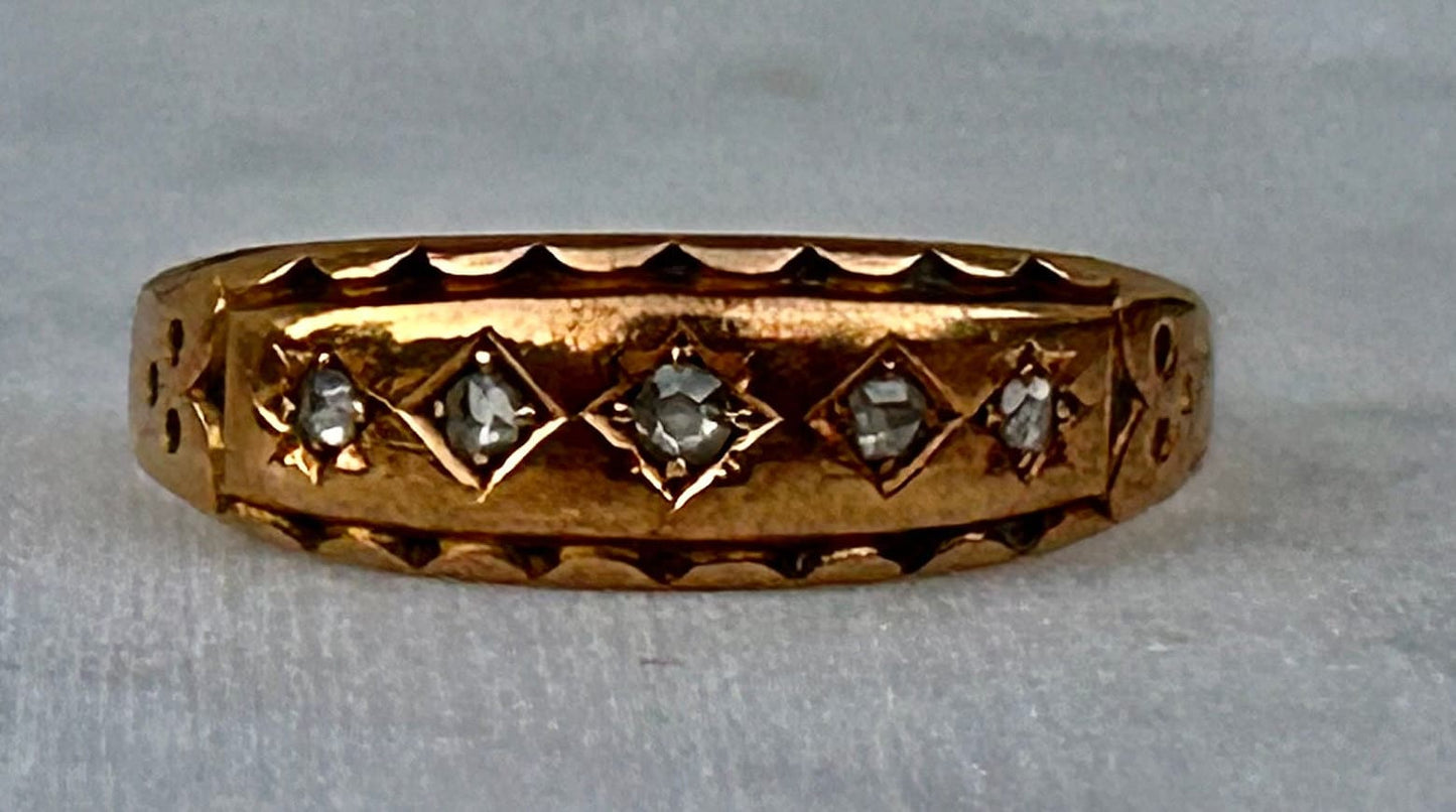 Antique 15ct Gold five stone Old Mine Cut Diamond Ring each in engraved settings, Birmingham 1889, Size O