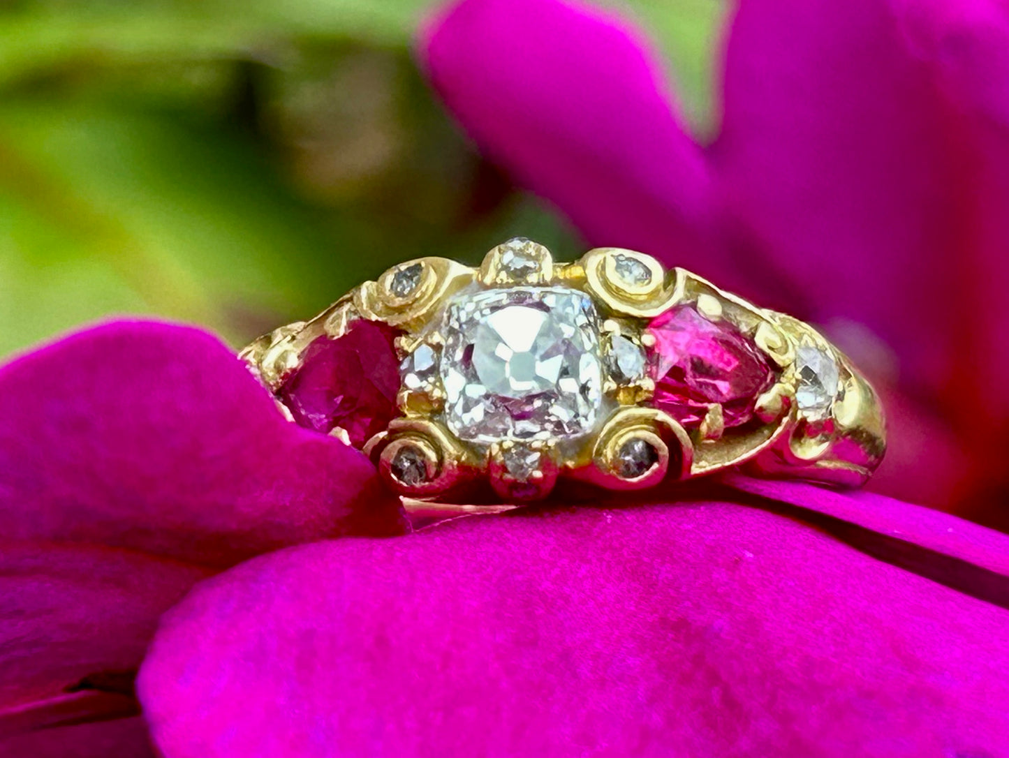 Victorian Old Mine Cut Diamond and Pear Cut Ruby Ring