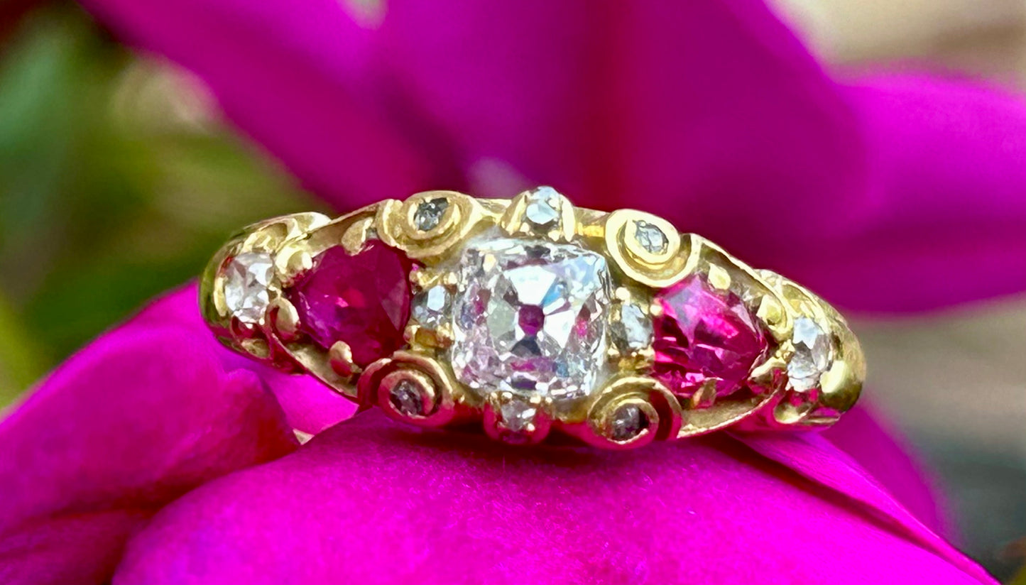 Victorian Old Mine Cut Diamond and Pear Cut Ruby Ring