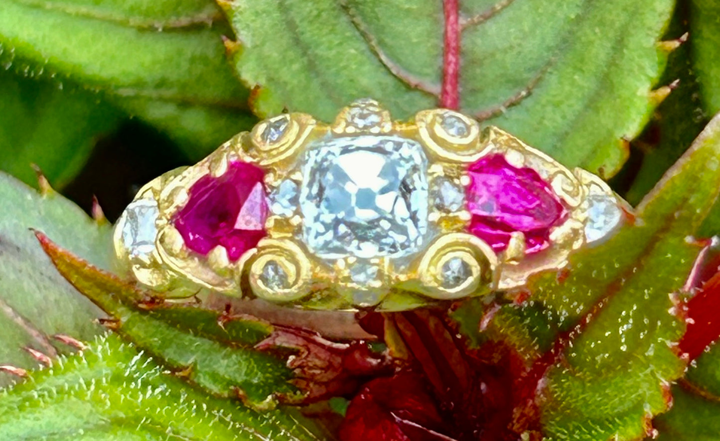 Victorian Old Mine Cut Diamond and Pear Cut Ruby Ring