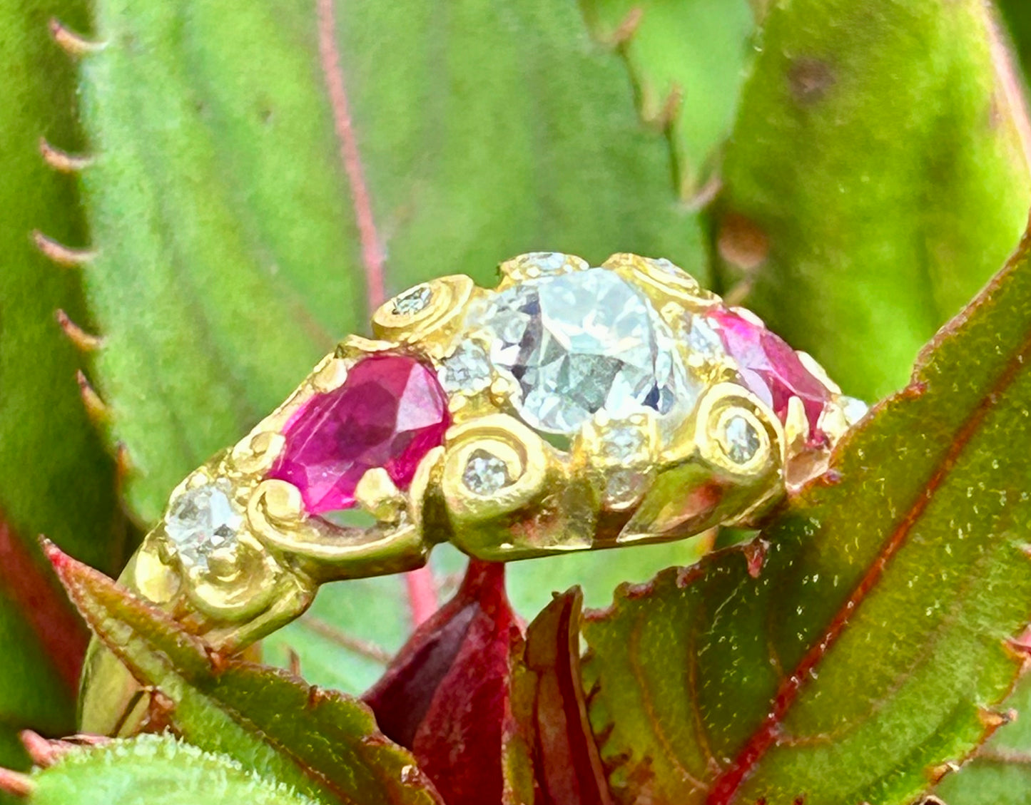 Victorian Old Mine Cut Diamond and Pear Cut Ruby Ring