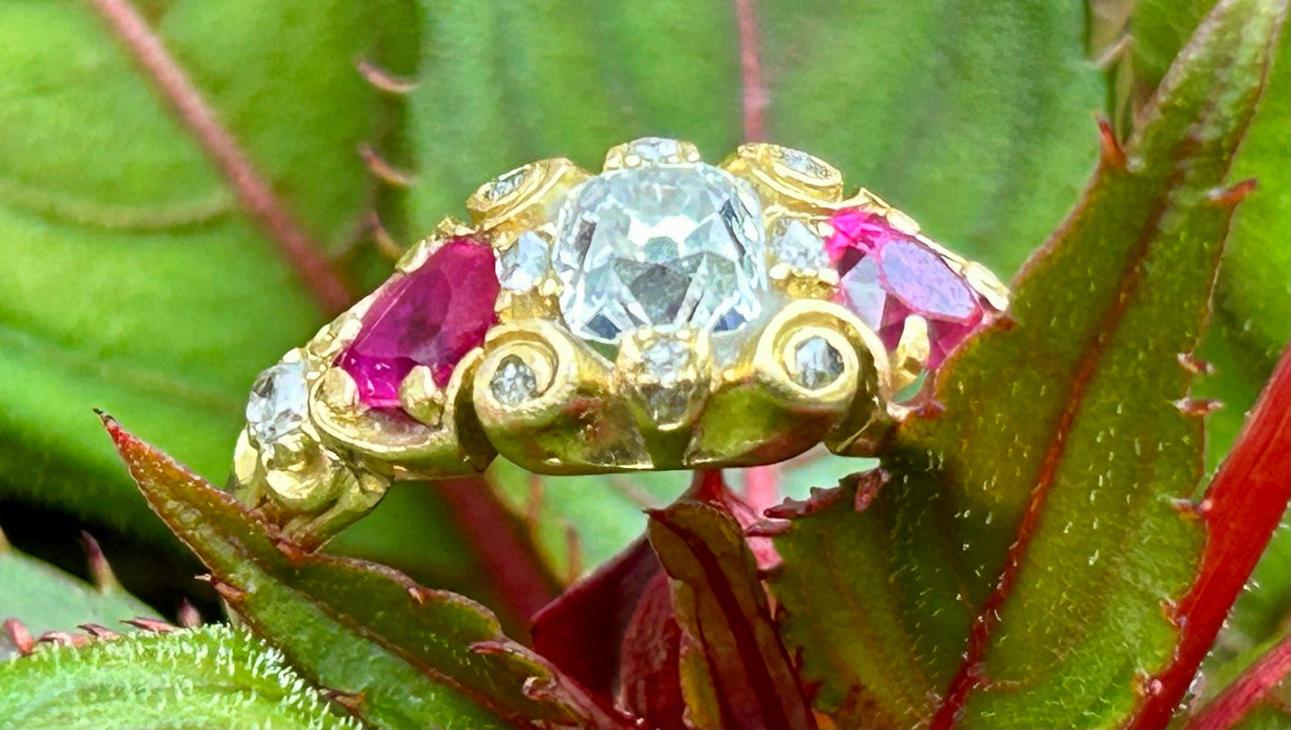 Victorian Old Mine Cut Diamond and Pear Cut Ruby Ring