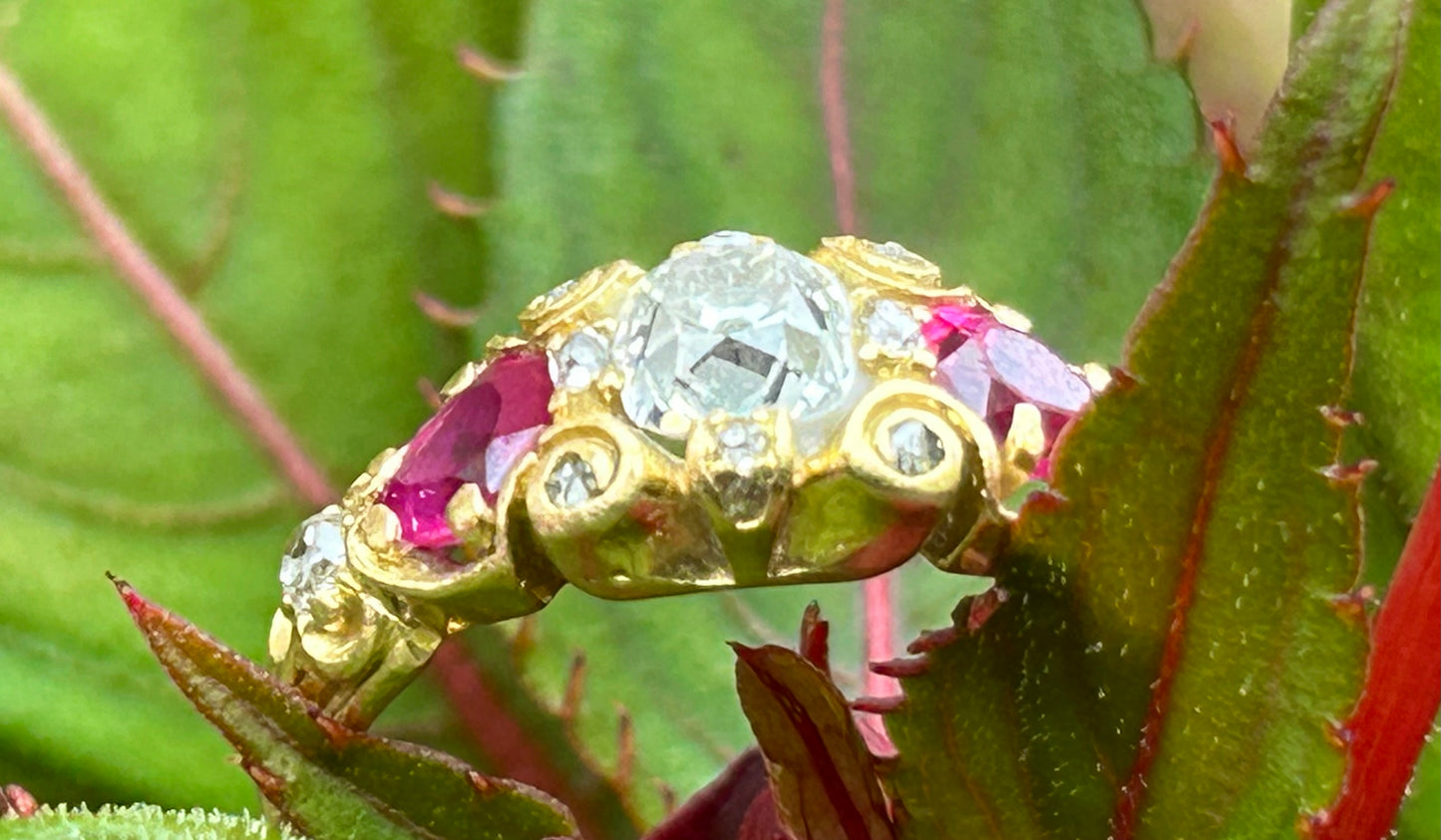 Victorian Old Mine Cut Diamond and Pear Cut Ruby Ring