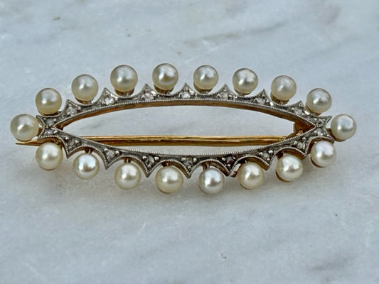 Antique Art Deco Pearl and Diamond 18ct Brooch with Enclosed Gold Back.