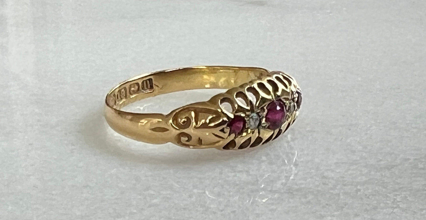 Edwardian Ruby, Diamond Five Stone Ring 18k Yellow Gold Fully Hallmarked