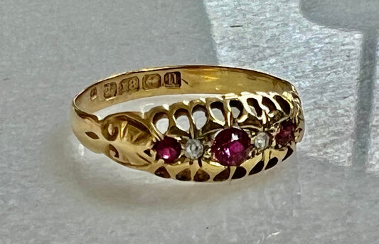 Edwardian Ruby, Diamond Five Stone Ring 18k Yellow Gold Fully Hallmarked