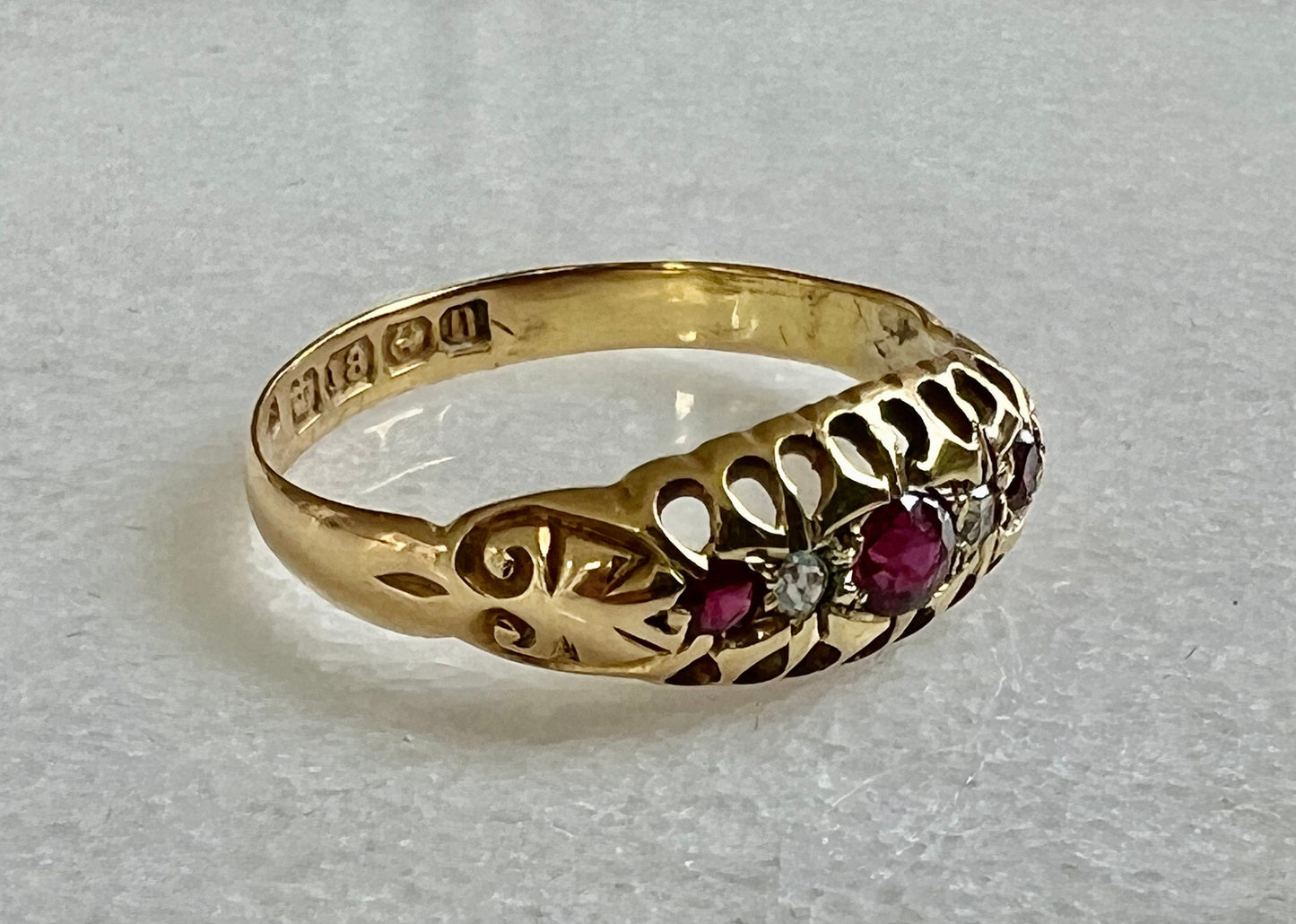 Edwardian Ruby, Diamond Five Stone Ring 18k Yellow Gold Fully Hallmarked