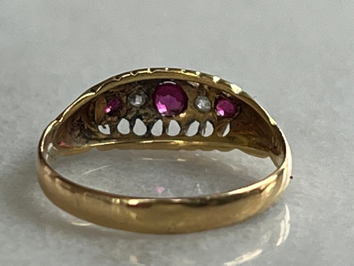 Edwardian Ruby, Diamond Five Stone Ring 18k Yellow Gold Fully Hallmarked