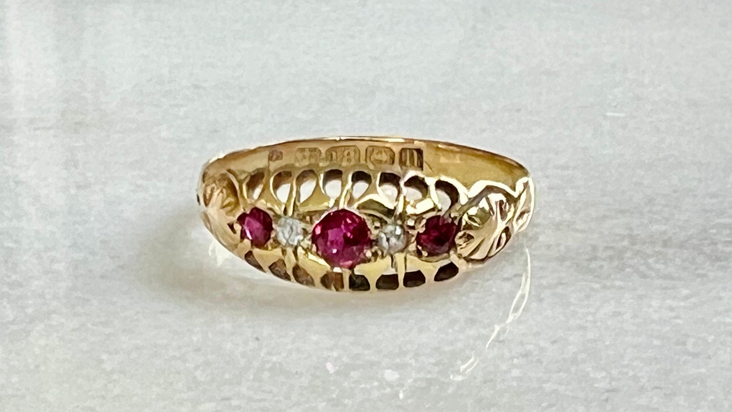 Edwardian Ruby, Diamond Five Stone Ring 18k Yellow Gold Fully Hallmarked