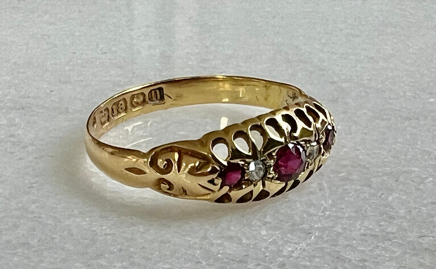 Edwardian Ruby, Diamond Five Stone Ring 18k Yellow Gold Fully Hallmarked