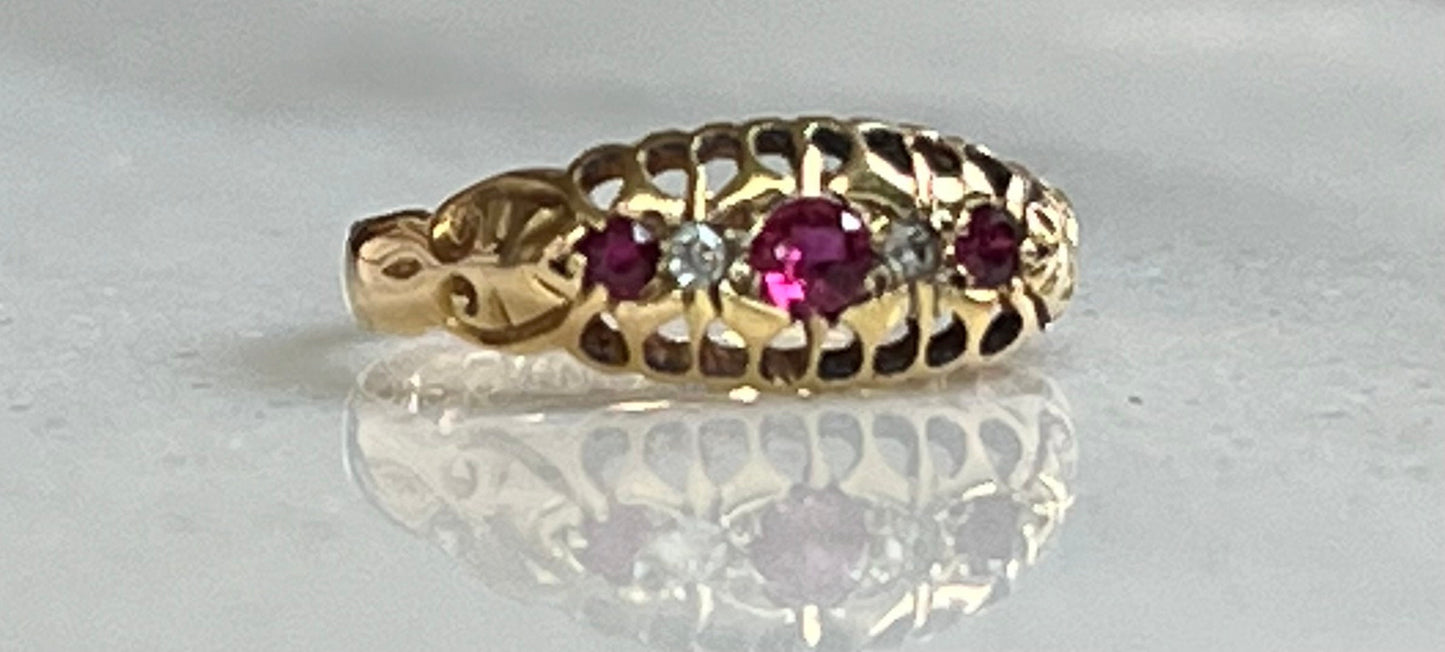 Edwardian Ruby, Diamond Five Stone Ring 18k Yellow Gold Fully Hallmarked