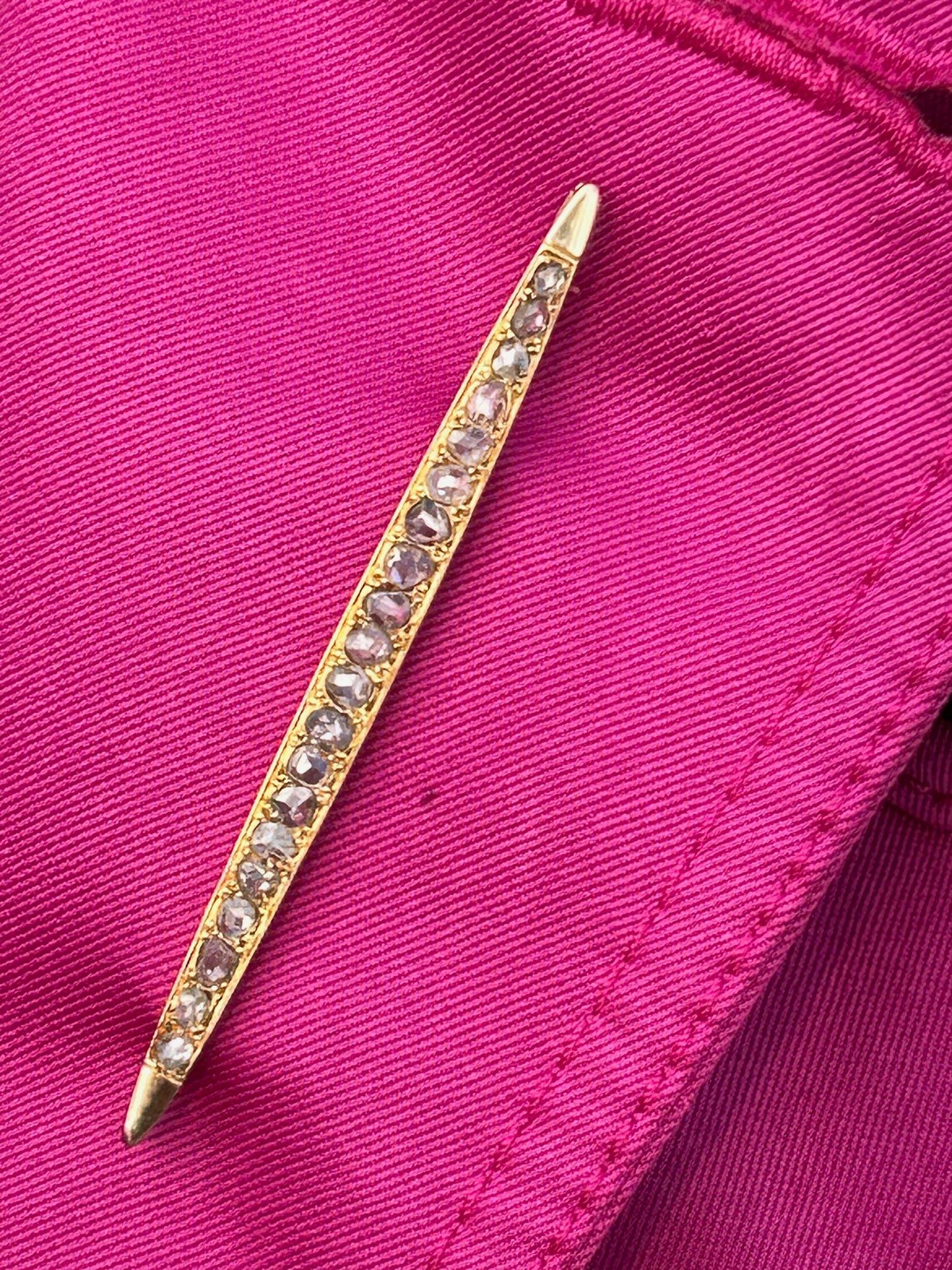 Antique Rose Cut Diamond Bar Brooch 14K Yellow Gold