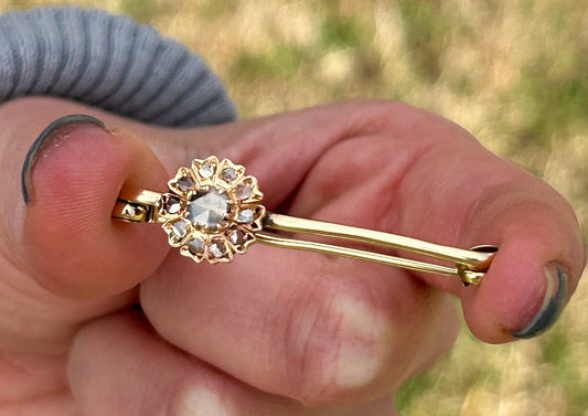 Antique Victorian Rose Cut Diamond Flower Brooch 18k Yellow Gold