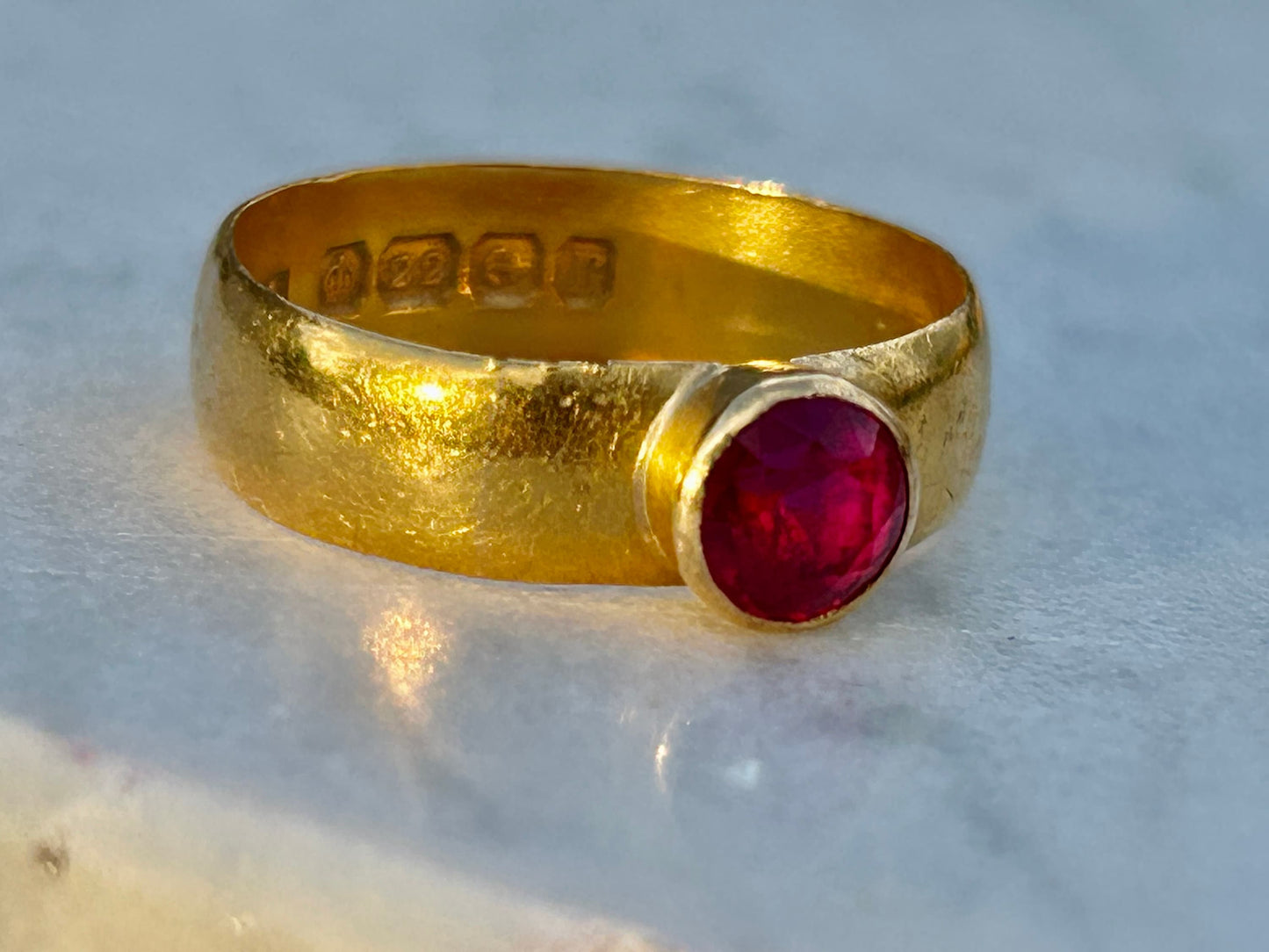 Edwardian 22k Round Ruby Ring Atkins Bros.HarryAtkins 1916 Birmingham. Size 7.25