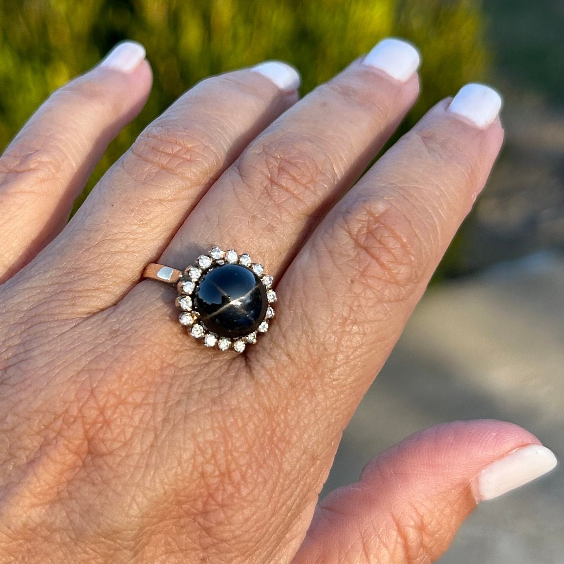 Black Star Diopside Cabochon and .50 tcw Diamond Ring 18k