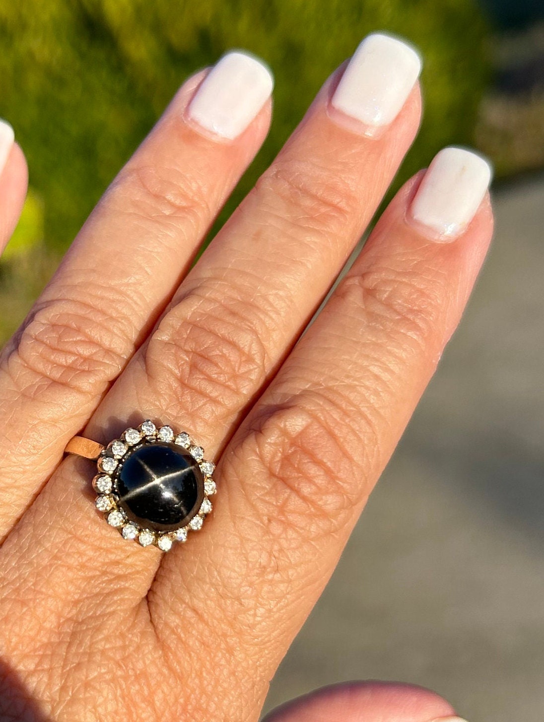 Black Star Diopside Cabochon and .50 tcw Diamond Ring 18k