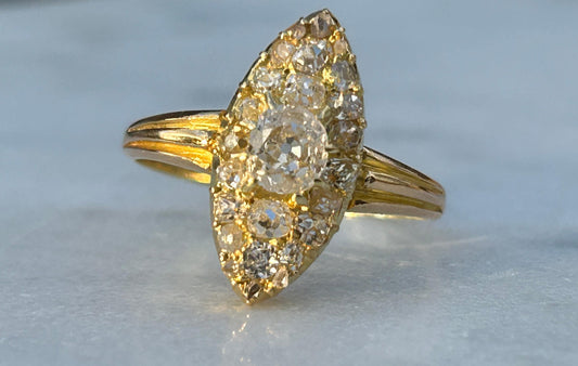 Antique Victorian Old Mine Cut Diamond Navette Cluster Ring