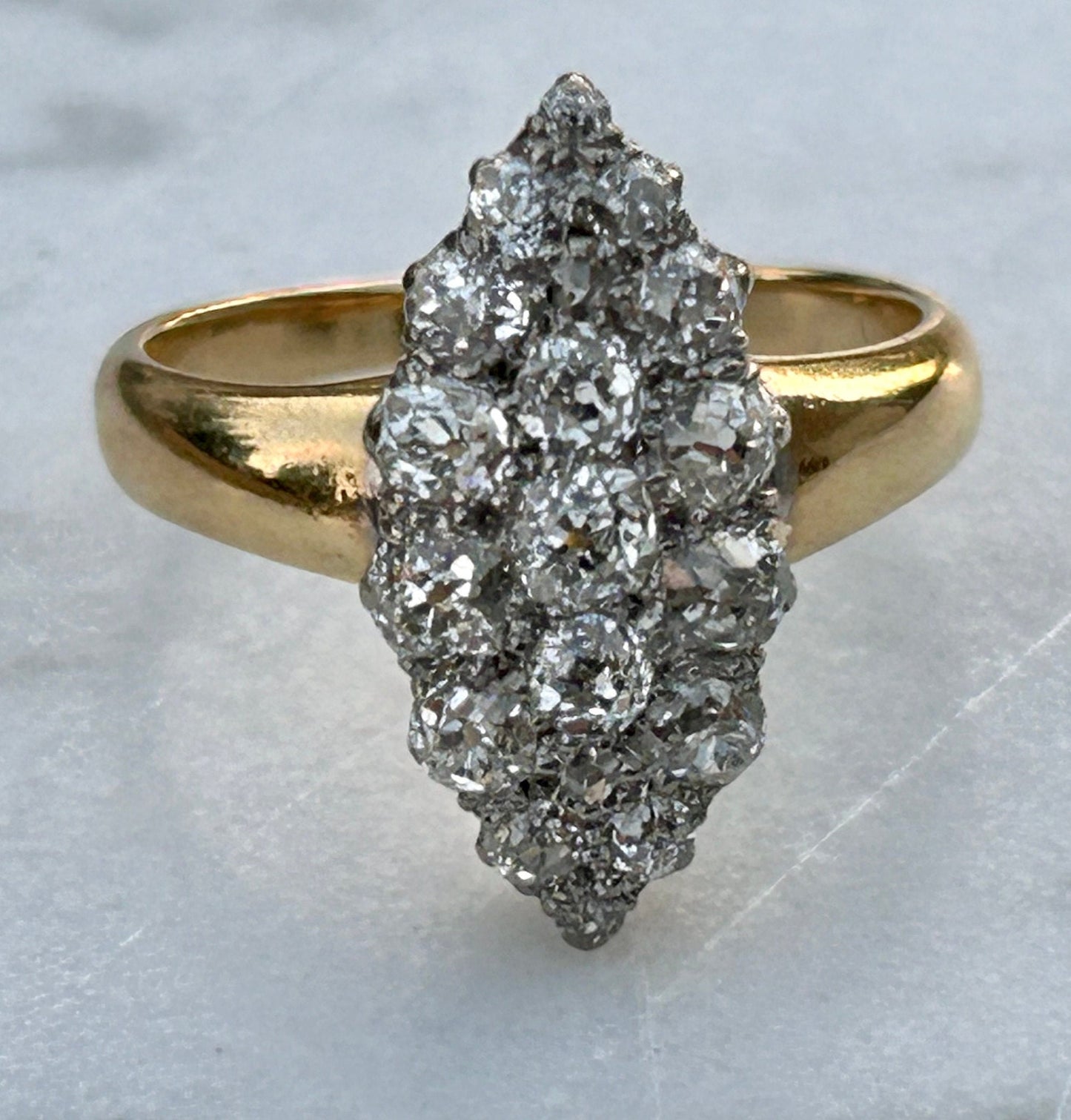 Antique Victorian Old Minue Cut Diamond 1.5ctw Navette Ring 18k and 22k gold