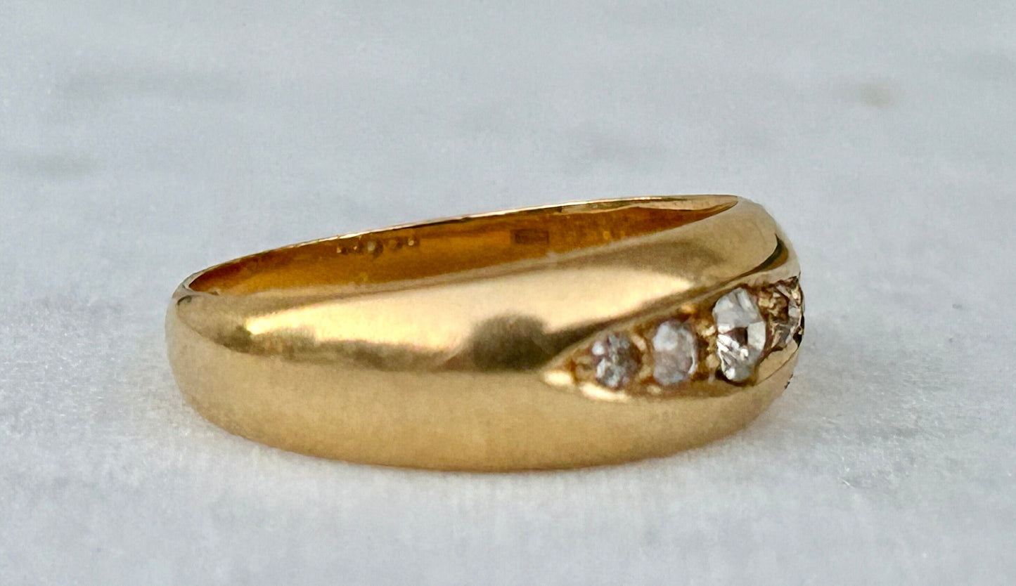 Antique 18ct Gold Boat Ring Five Old Mine Cut Diamonds. Fully Hallmarked: Birmingham, 1900