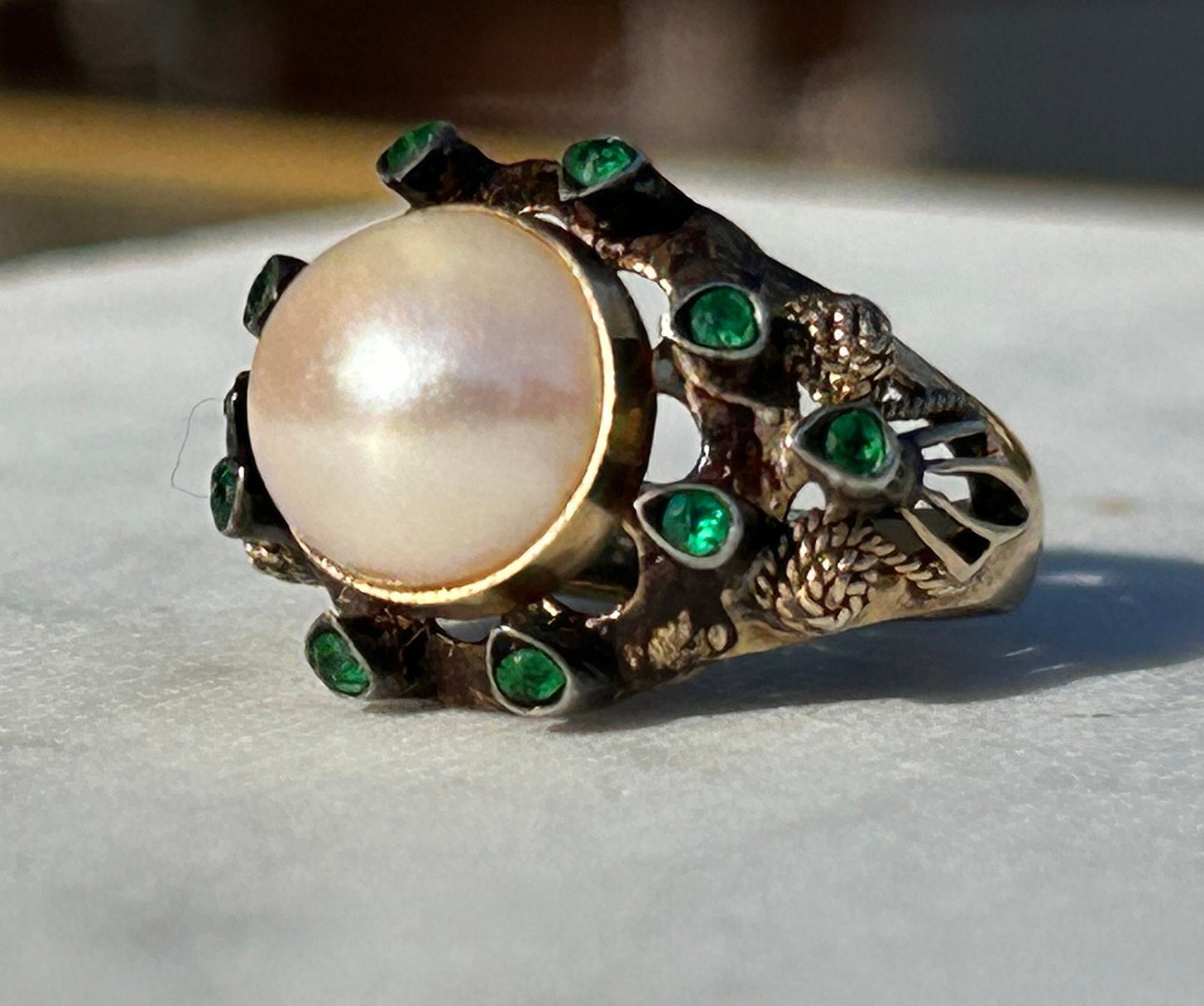 Mabe Pearl and Emerald 18K Estate Ring