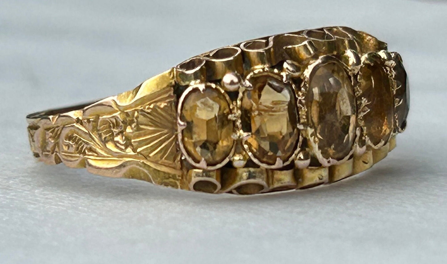 SOLD…Antique 5 Stone Citrine Set 15ct Yellow Gold Ring. Engraved shank.