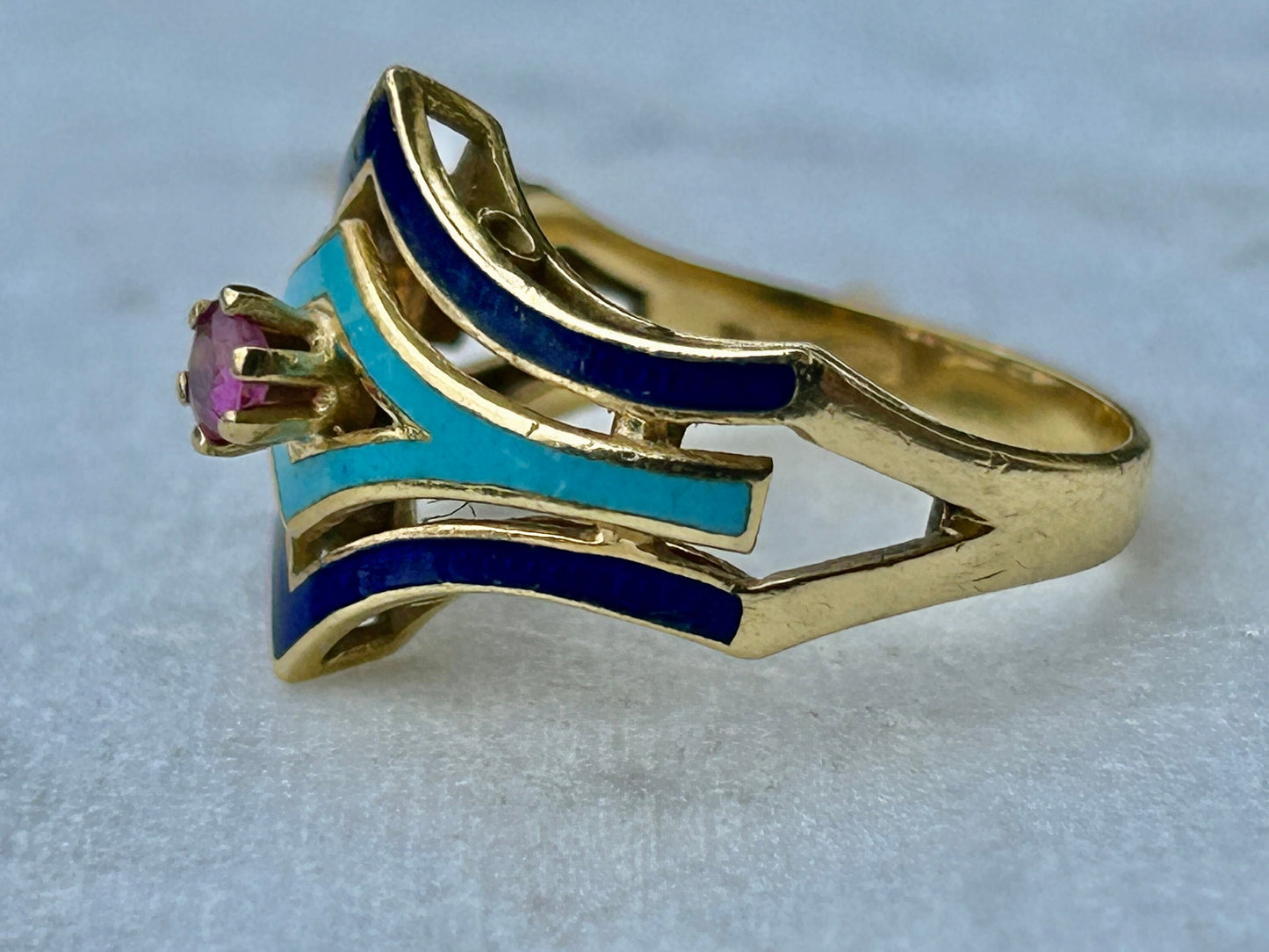 Vintage 18k Gold Enamel Ruby Ring Italy