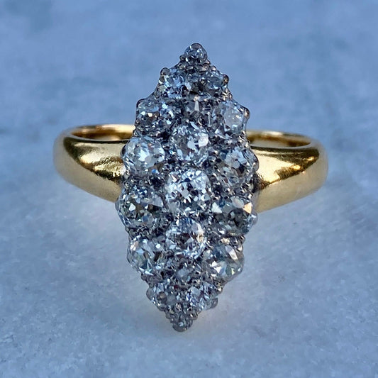 Antique Victorian Old Minue Cut Diamond 1.5ctw Navette Ring 18k and 22k gold