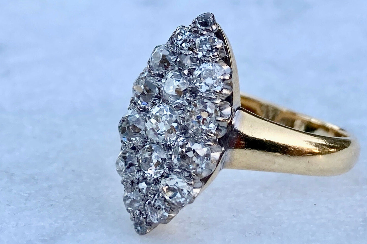 Antique Victorian Old Minue Cut Diamond 1.5ctw Navette Ring 18k and 22k gold