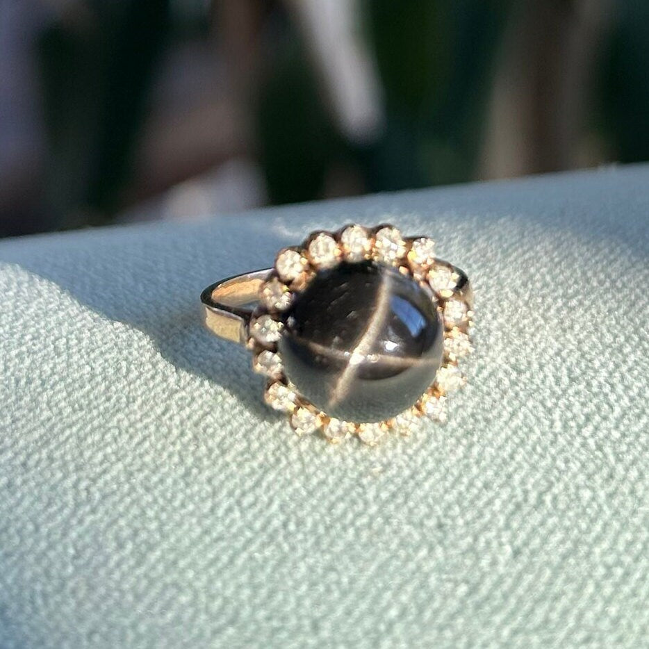 Black Star Diopside Cabochon and .50 tcw Diamond Ring 18k