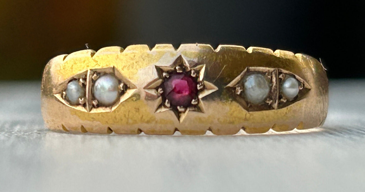 Ruby and Seed Pearl Petite Gypsy Band 15k Yellow Gold