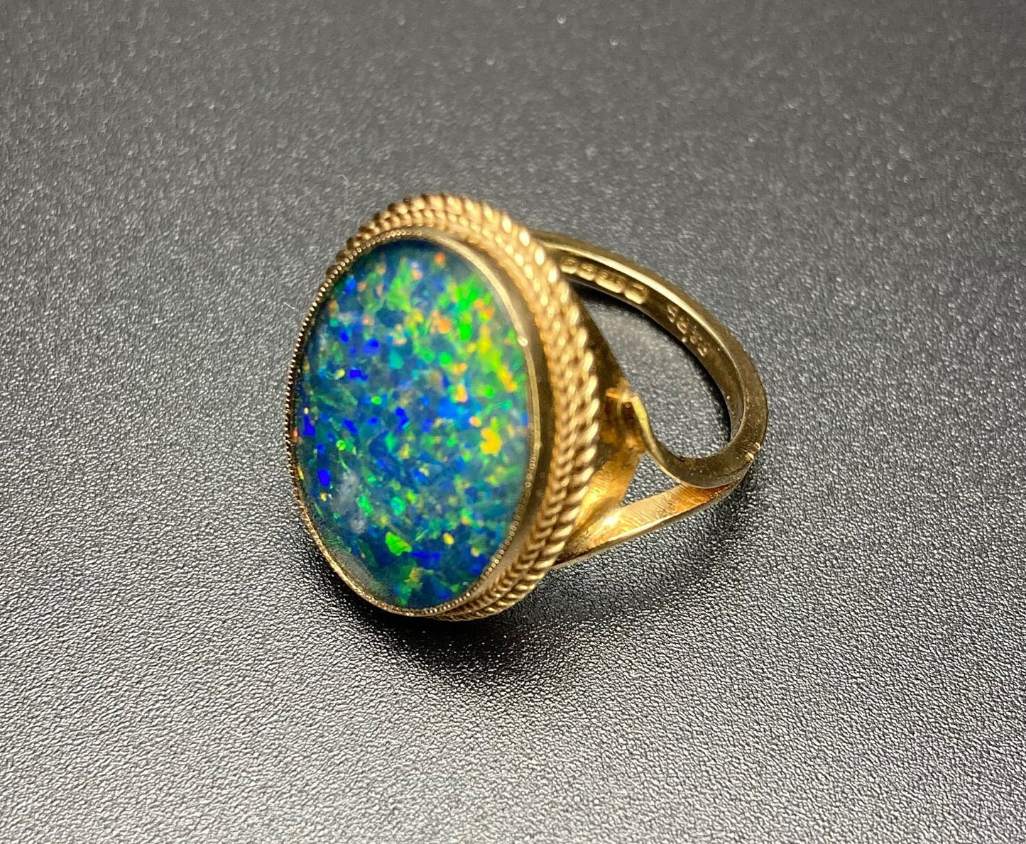 Antique Large Opal Triplet 9kt Gold Rope Frame Ring