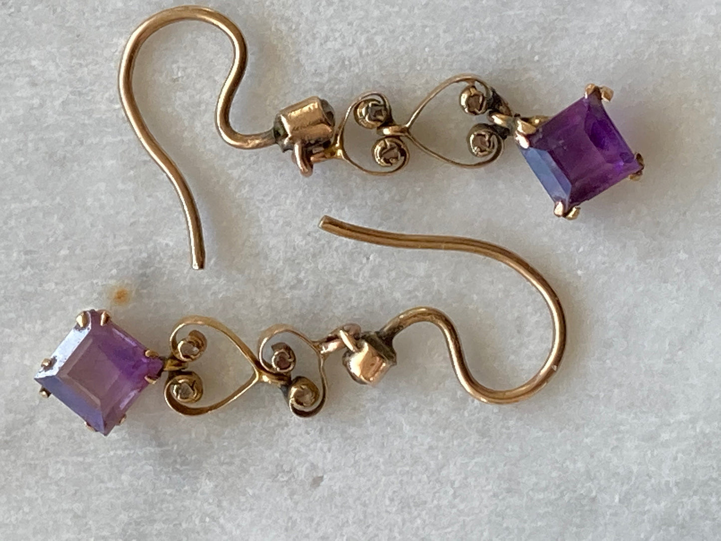 Antique Amethyst and Diamond Drop 9k Yellow Gold Earrings