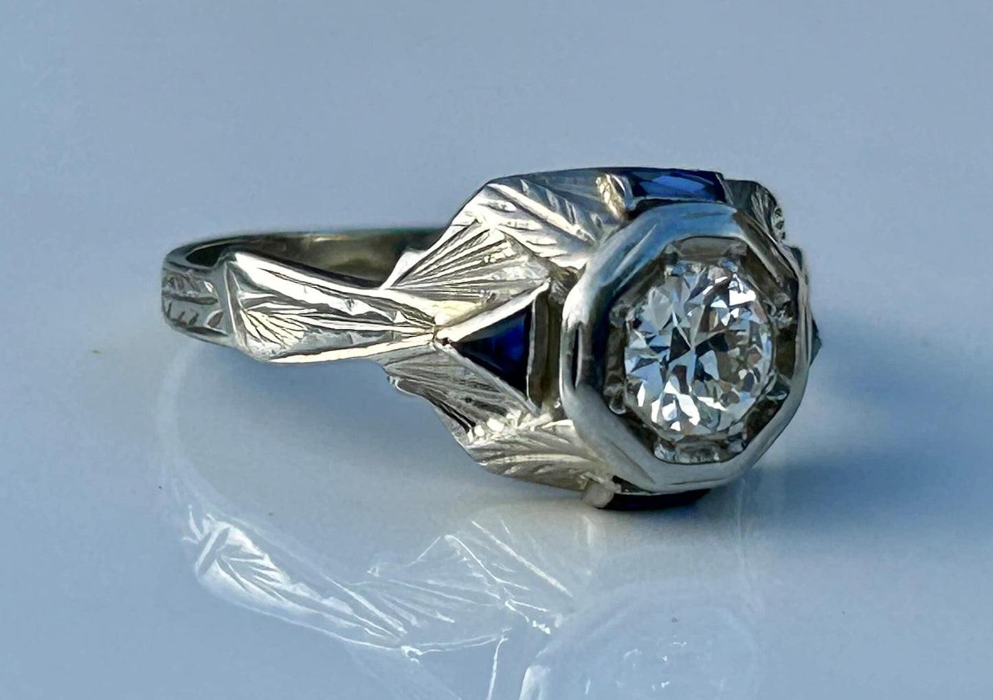 Art Deco .45 Diamond and Sapphire 18k White Gold Engagement Ring