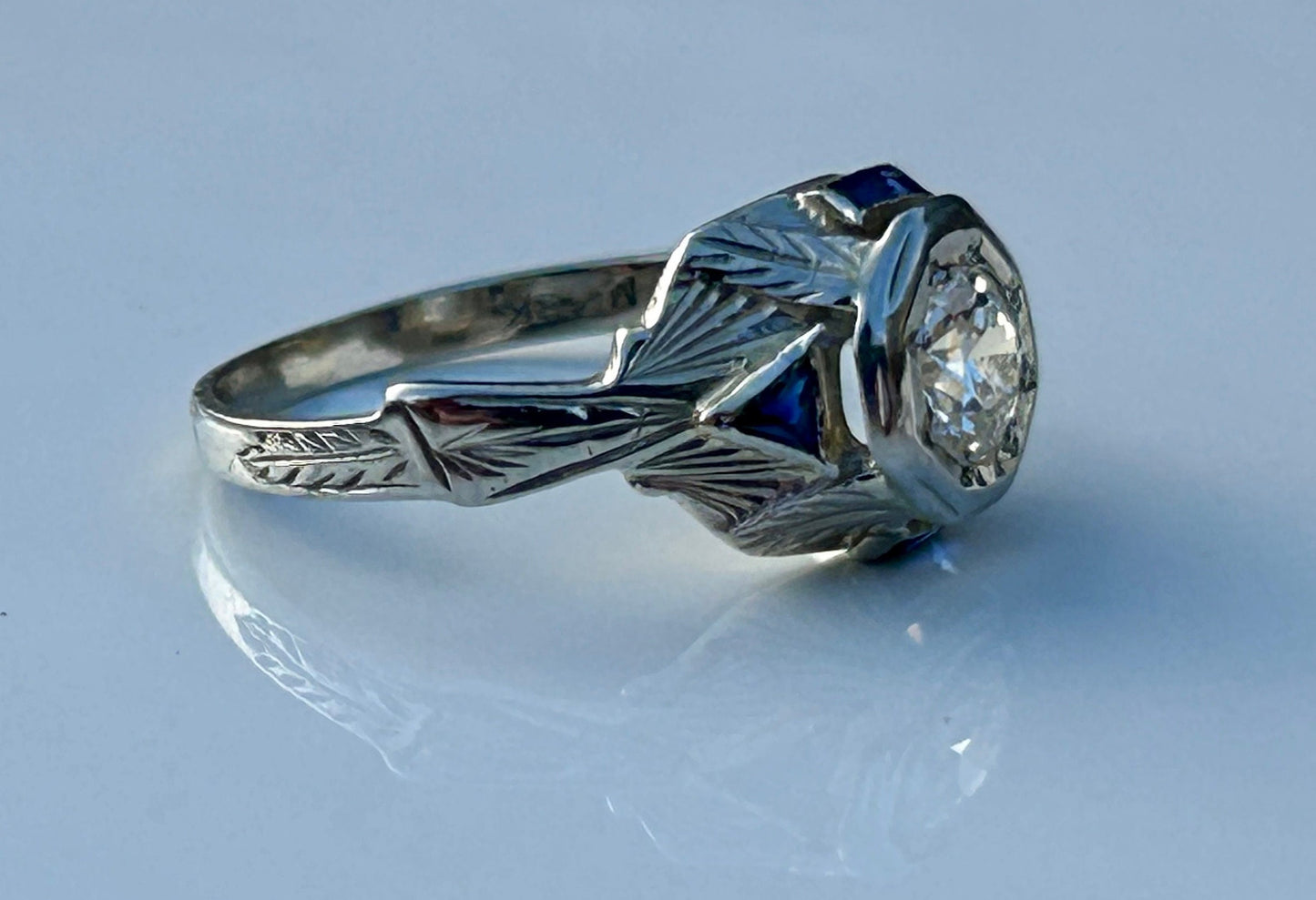 Art Deco .45 Diamond and Sapphire 18k White Gold Engagement Ring