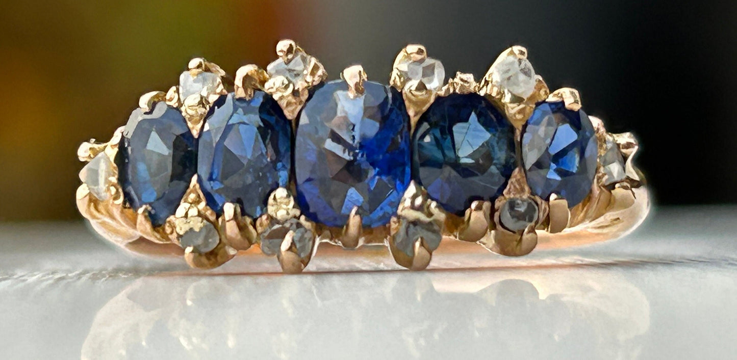 Five Sapphire No Heat Hand Cut stones and Eight Rose Cut bright White Diamonds in 18ct Rose Gold Ring