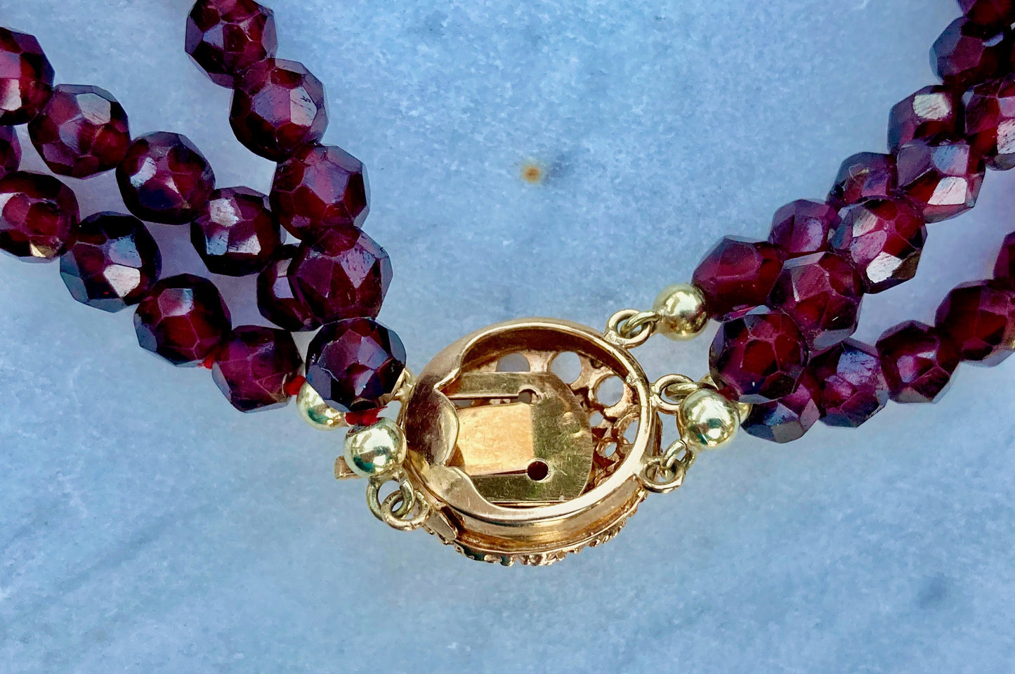 Antique Victorian three strand Rose Cut Garnet Bracelet with 15k Gold closure.