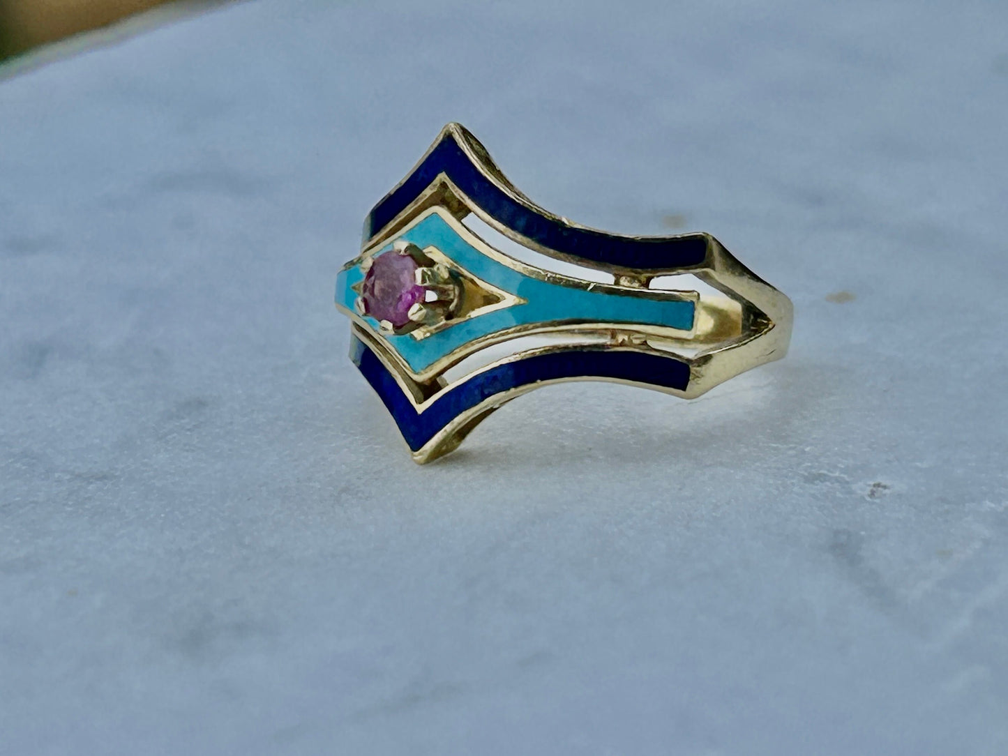 Vintage 18k Gold Enamel Ruby Ring Italy