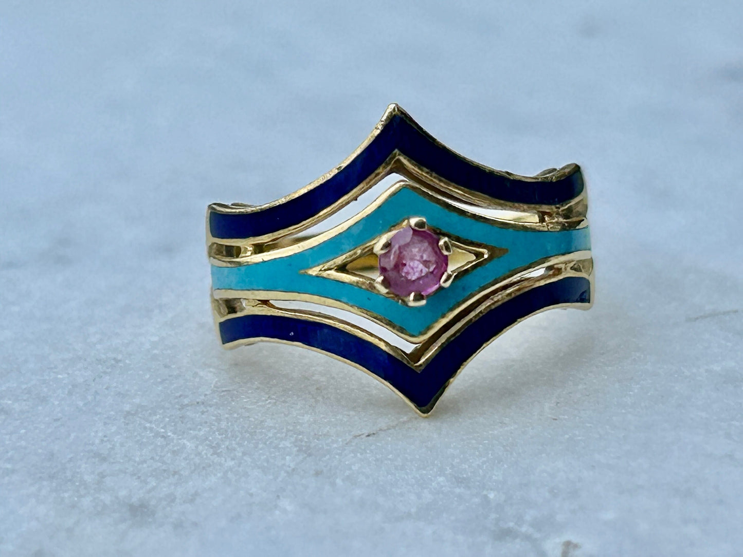 Vintage 18k Gold Enamel Ruby Ring Italy