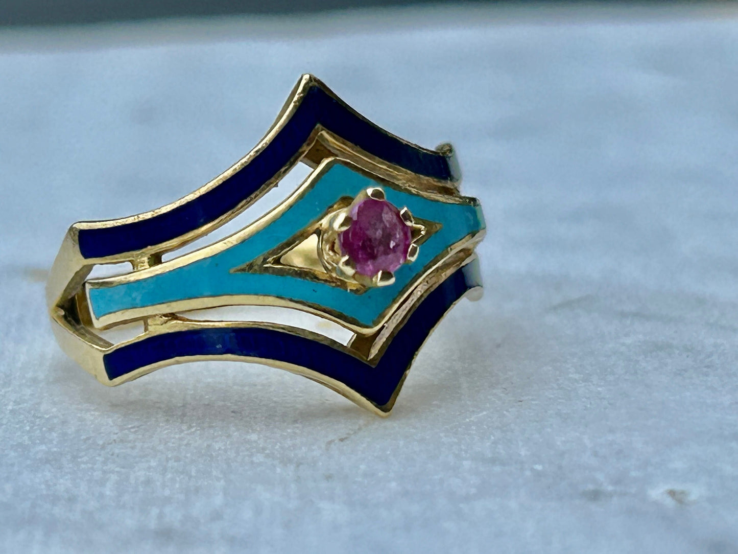 Vintage 18k Gold Enamel Ruby Ring Italy