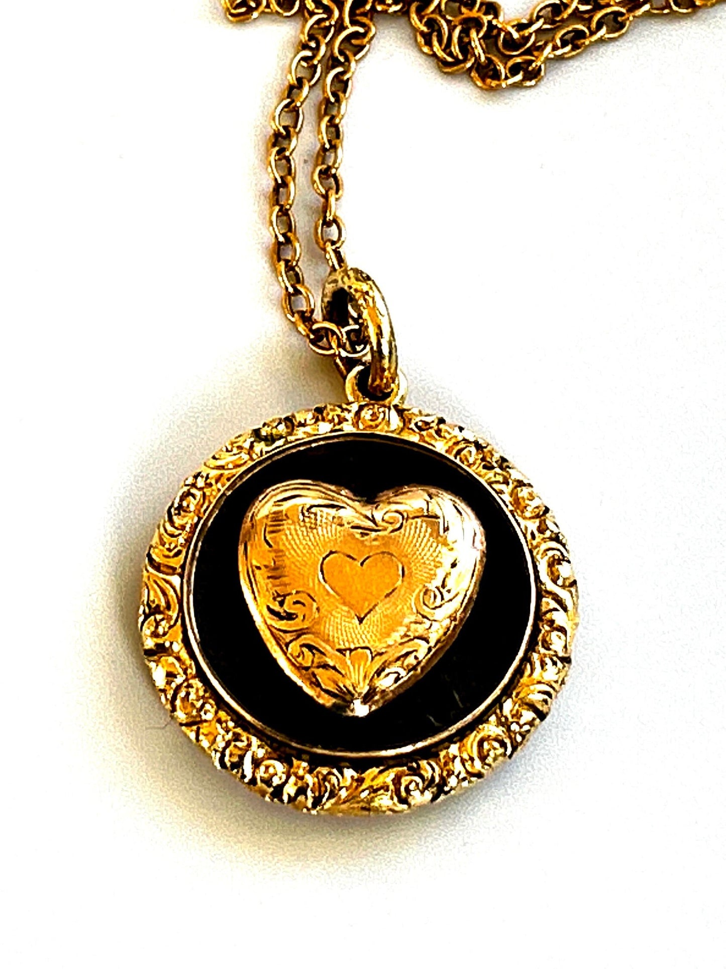 Antique 14k Gold Victorian Mourning Necklace with a heart motif.