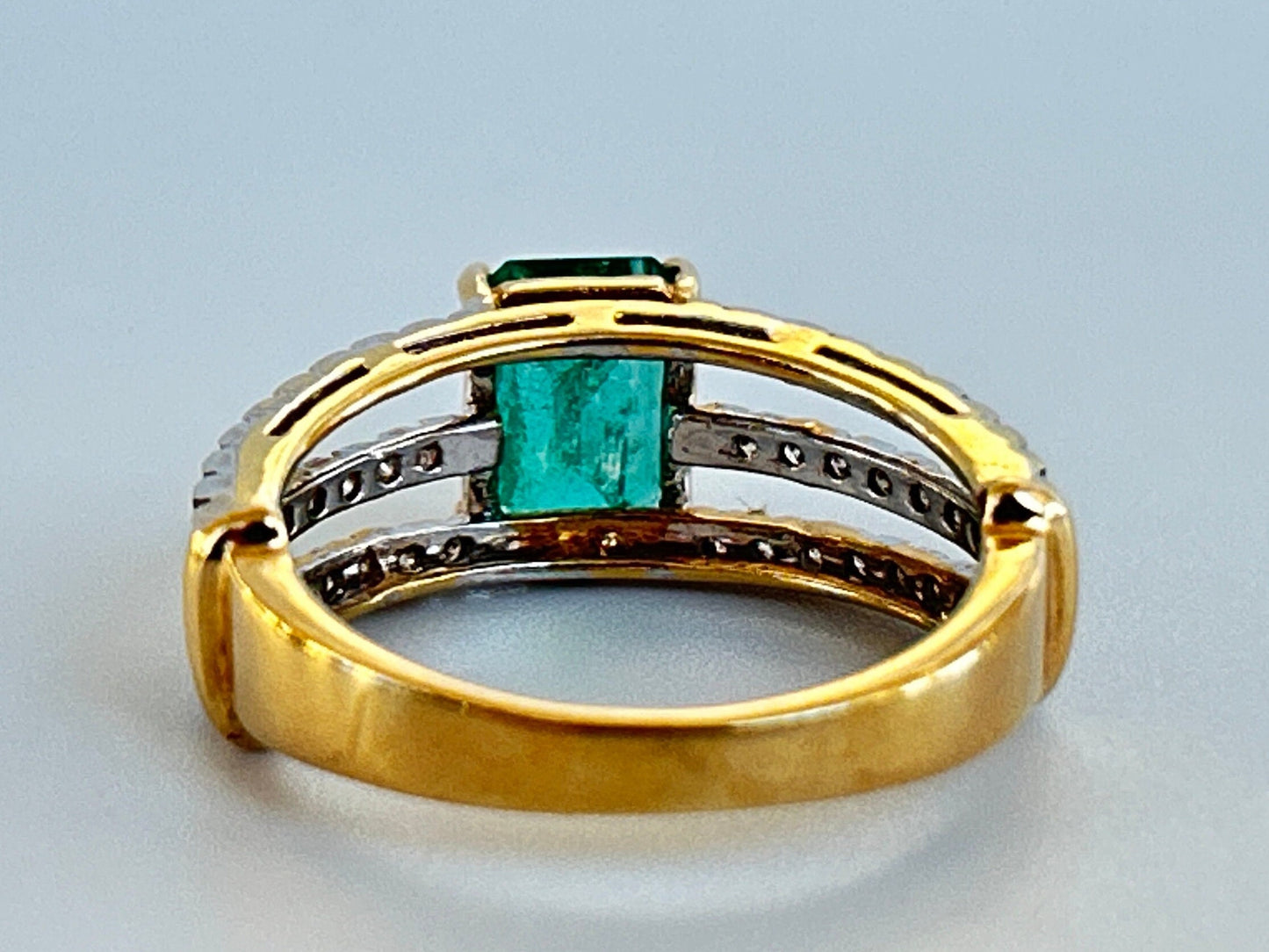 1.54 Emerald 18K Yellow Gold and Diamond Accented Triple Split Band Ring