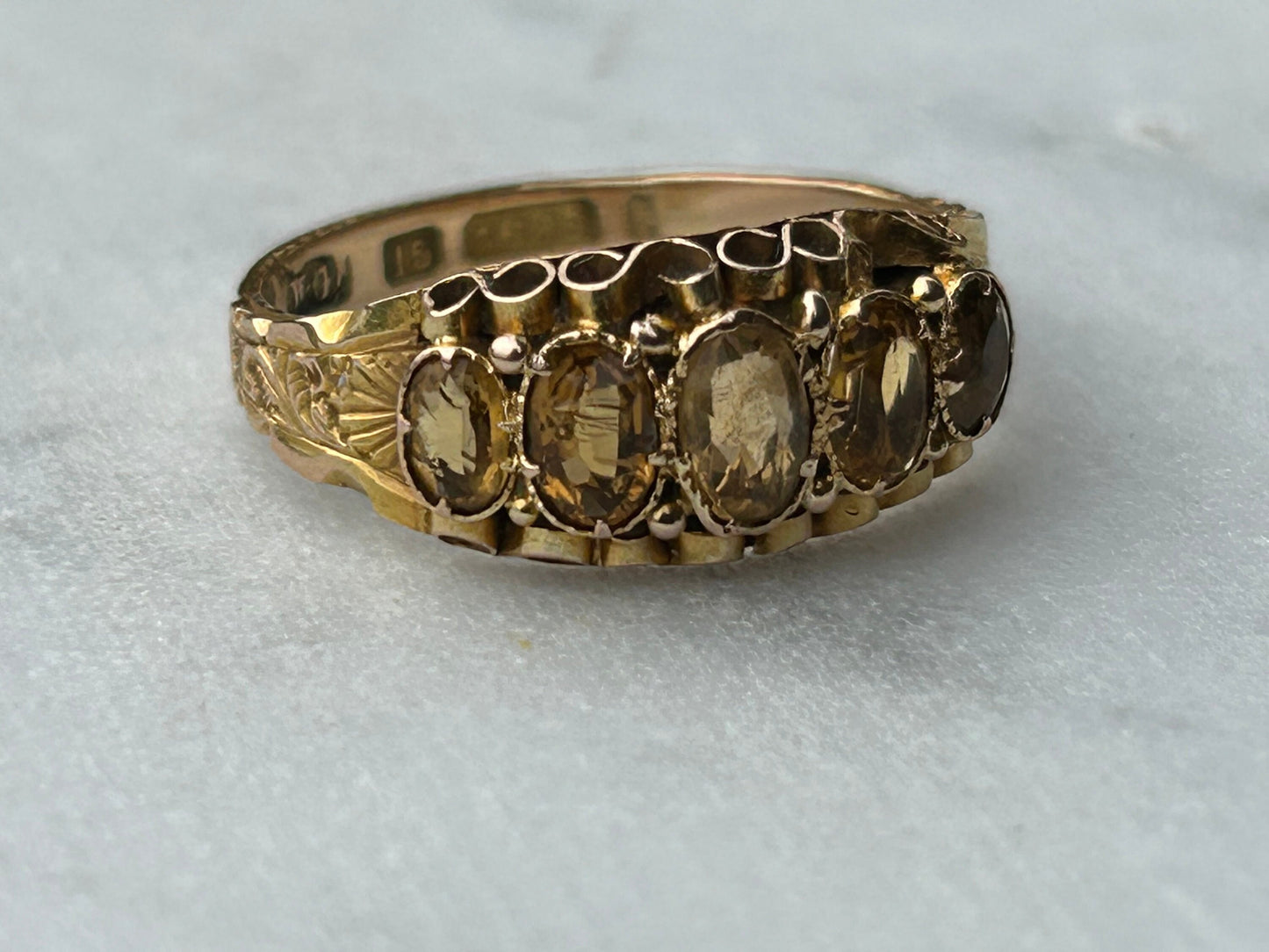 SOLD…Antique 5 Stone Citrine Set 15ct Yellow Gold Ring. Engraved shank.