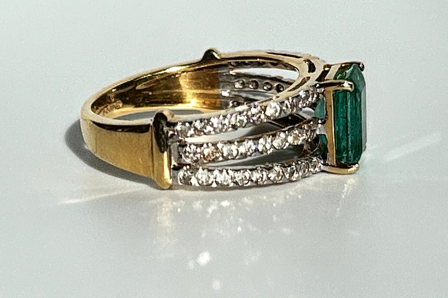 1.54 Emerald 18K Yellow Gold and Diamond Accented Triple Split Band Ring