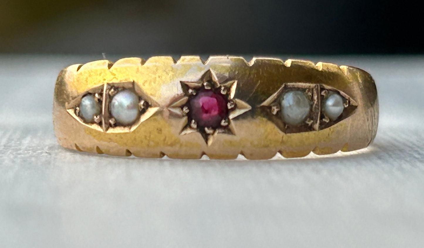 Ruby and Seed Pearl Petite Gypsy Band 15k Yellow Gold