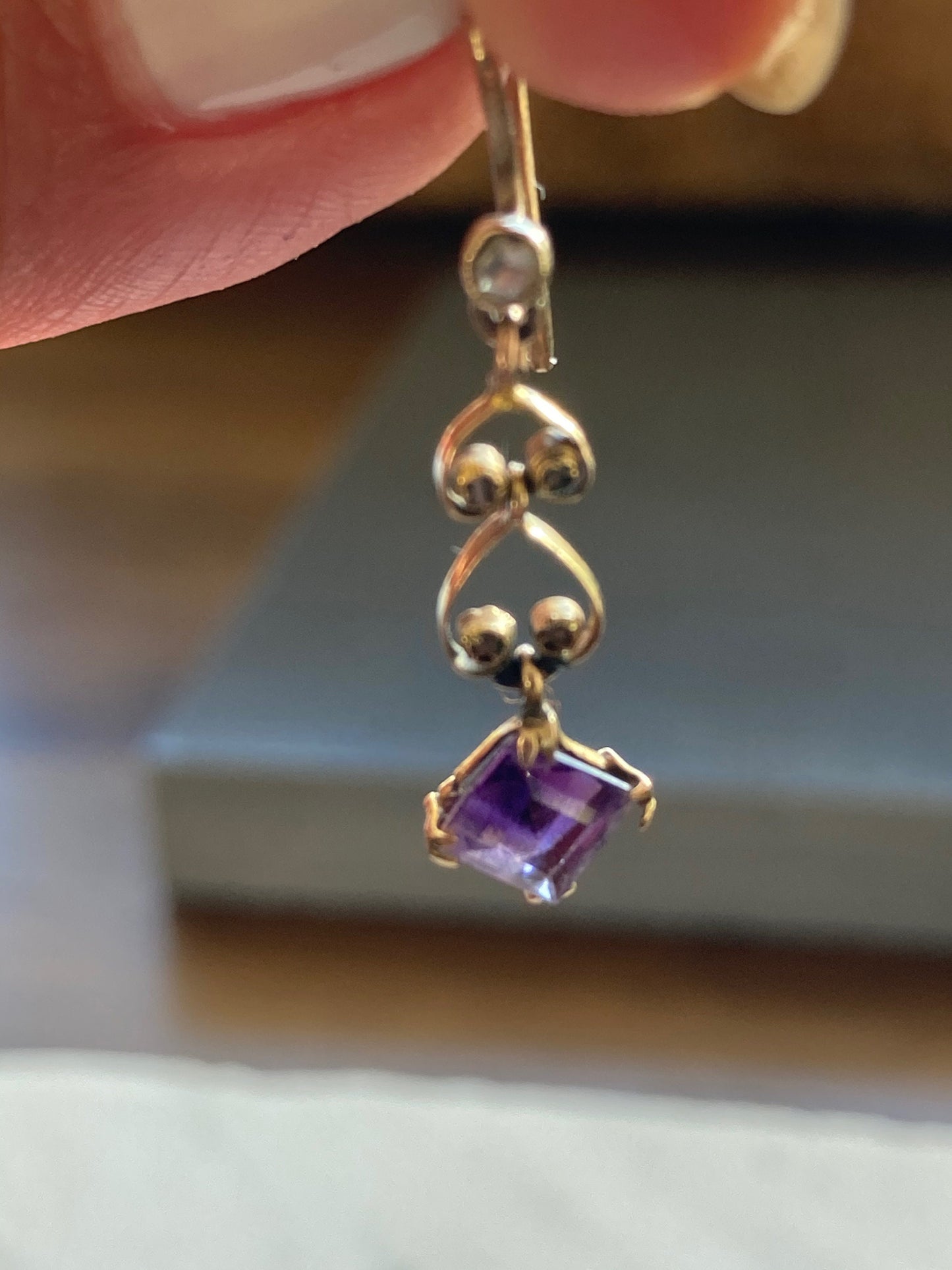 Antique Amethyst and Diamond Drop 9k Yellow Gold Earrings