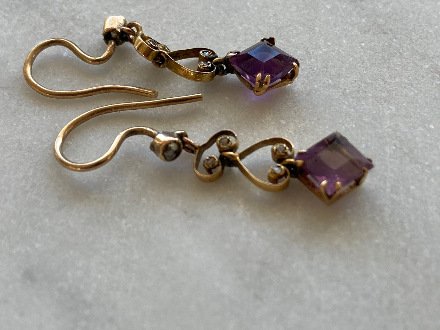 Antique Amethyst and Diamond Drop 9k Yellow Gold Earrings