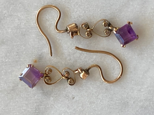 Antique Amethyst and Diamond Drop 9k Yellow Gold Earrings